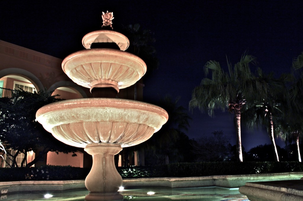The Fountain-take two. 8.0 handheld exposure. I'd have liked to have a more pleasant horizon --very skewed at the bottom of the fountain--but I was limited in my options of stable camera placement. Really nice showcase of the brightest-brights: lights on the palm trees, up-lit fountains, hotel hallways, etc.